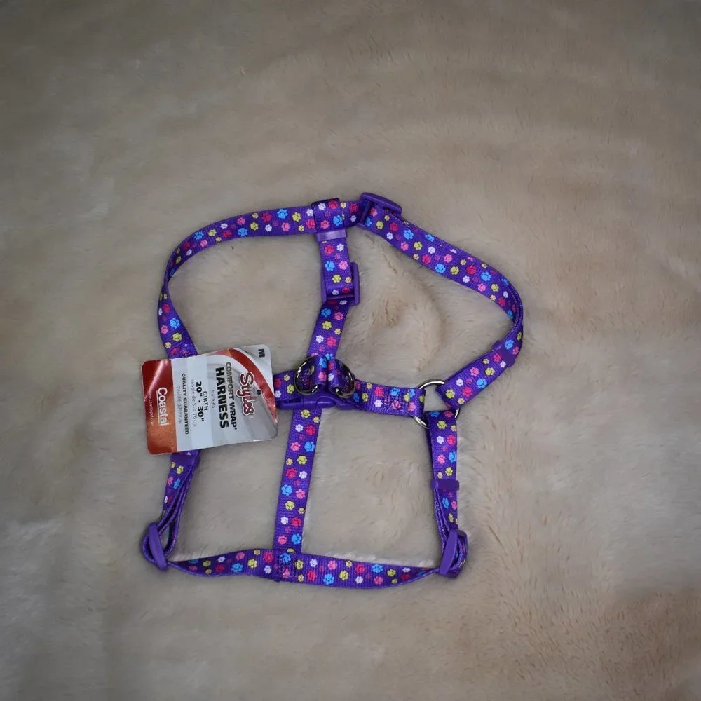 Purple Dog Harness Size Medium Paw Print Adjustable